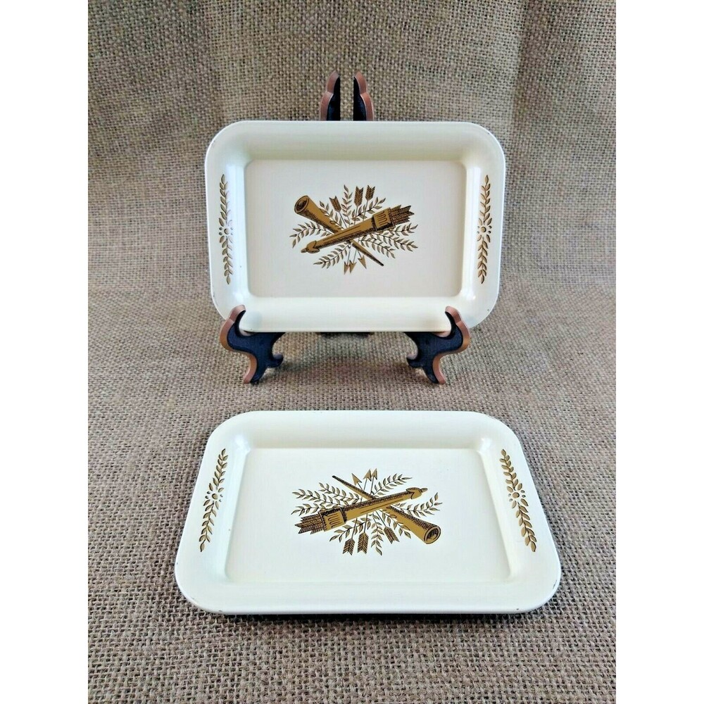 Vintage Mid Century Modern Tin Tip Tray Trinket Dish Cream Horn Arrows Set of 2